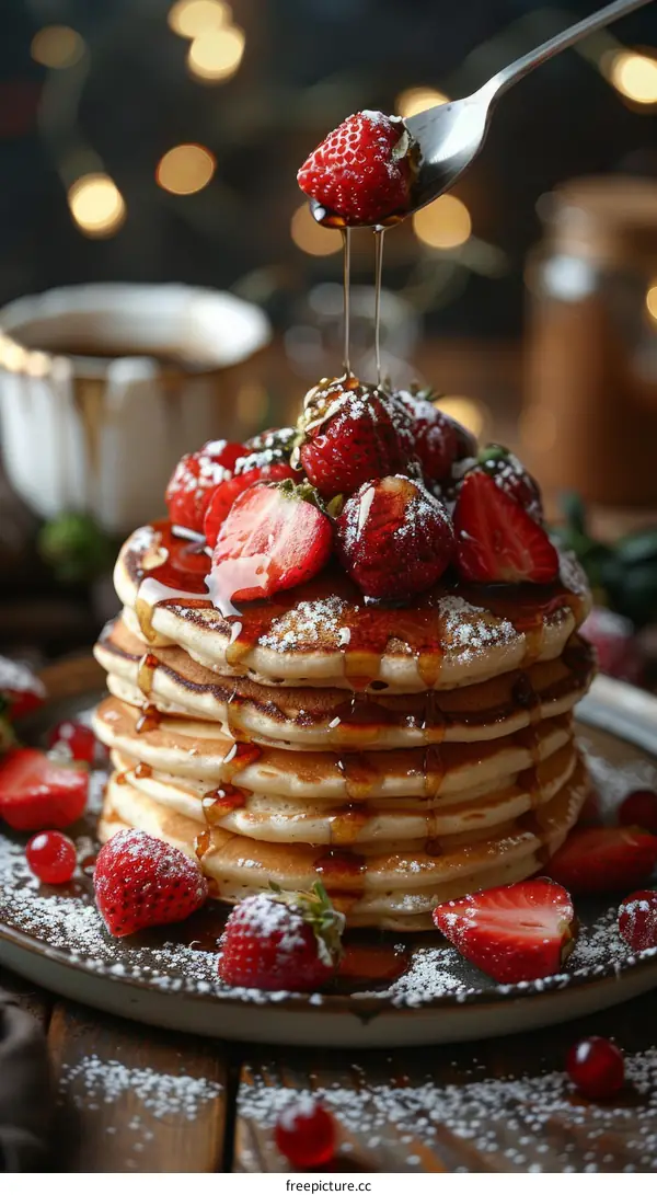 Decadent Stack of Pancakes with Strawberries and Syrup