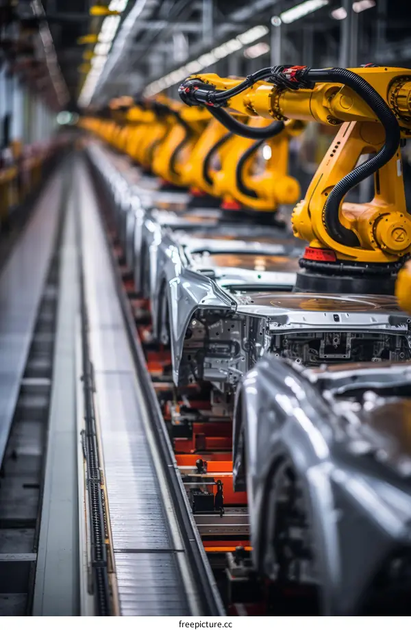 Car manufacturing robots on production line in automobile factory