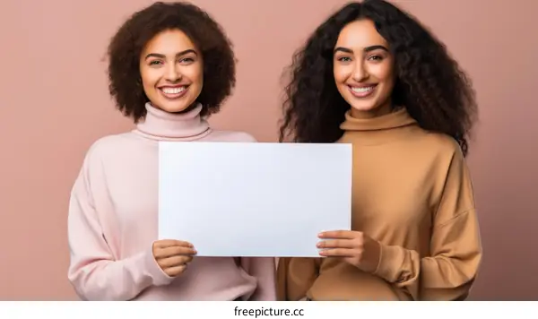 Two young women of color holding a blank sign