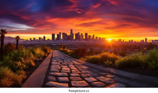 Los Angeles city skyline at sunset