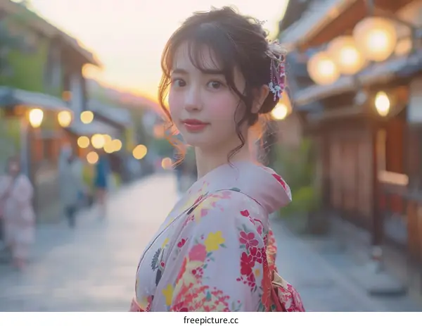 Japanese Woman in Kimono in a Traditional Japanese Town