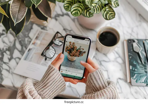 Woman Holding a Smartphone With a Flower Photo