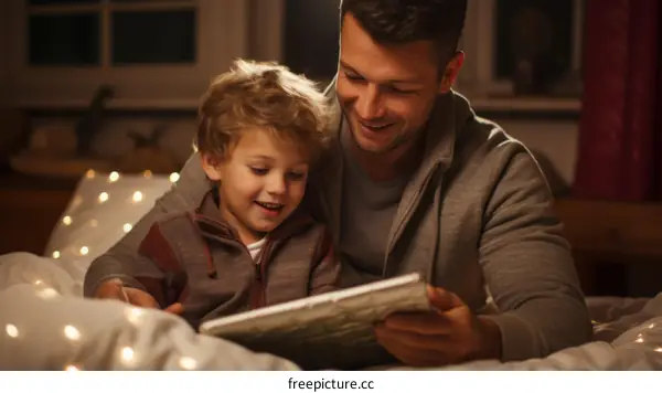 Father and son reading a book together