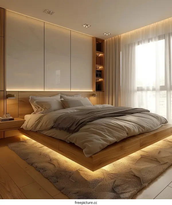 A bedroom with a large bed, a rug, and a bookshelf.