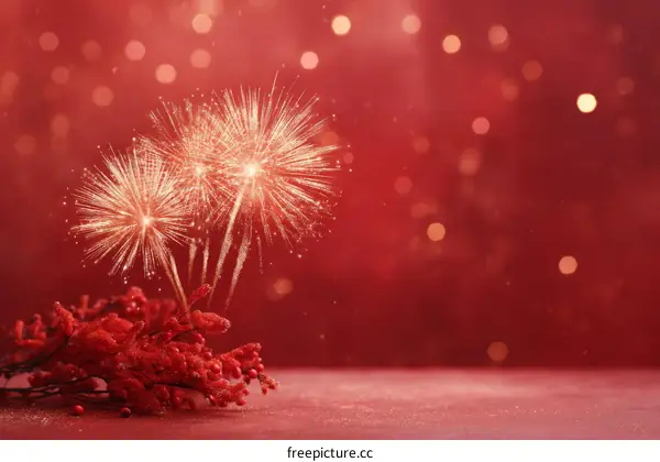 Sparkling Fireworks Against a Deep Red Background