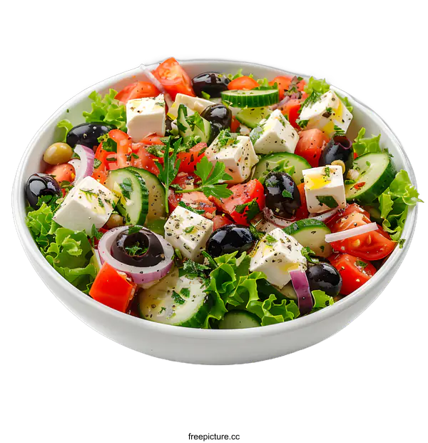 [Transparent Background PNG]Greek salad with fresh vegetables, feta cheese and olives in white bowl