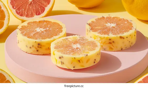 Three slices of orange-flavored cheesecake on a pink plate