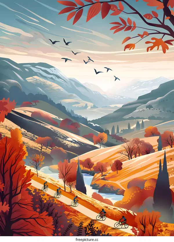 Autumn Landscape With Cyclists In Mountains