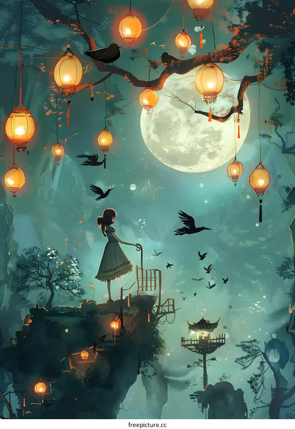 Girl with Lantern in a Magical Forest Landscape