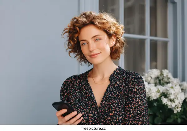 Woman Holding Smartphone Outdoors in Stylish Dress