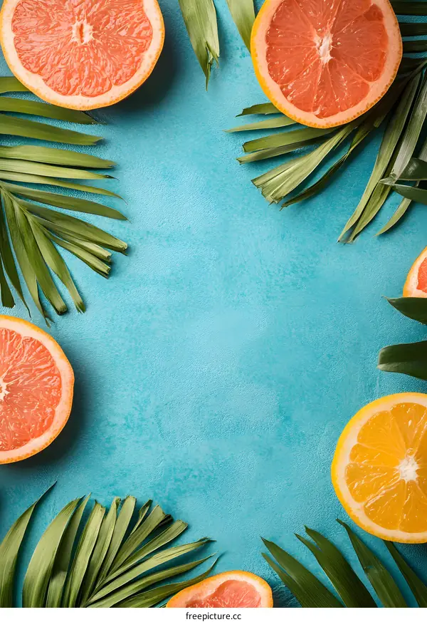 Summer Tropical Fruits  Flat Lay Background With Copy Space