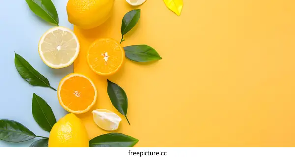 Fresh Lemon and Orange Slices with Leaves on Yellow and Blue Background