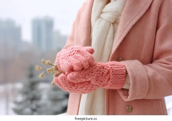 Woman in a pink coat with knitted gloves