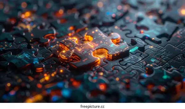 Circuit board puzzle with glowing center piece