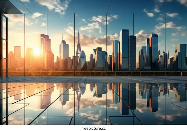 Modern City Skyline with Skyscrapers Reflected in the Foreground