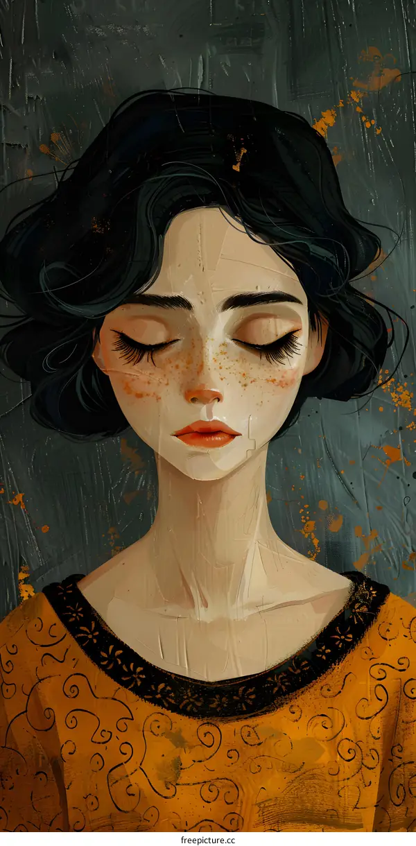 portrait of a young woman with black hair and freckles