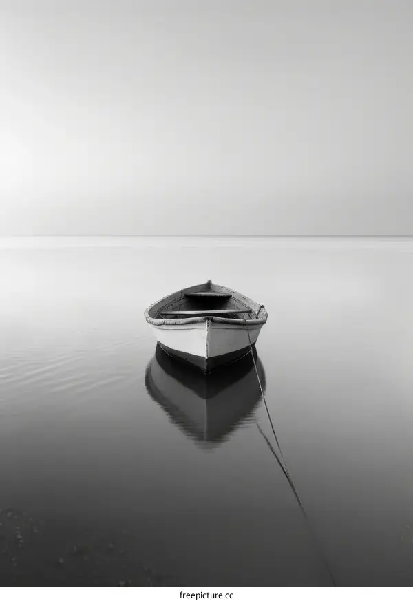Black and white photo of a boat on a calm lake