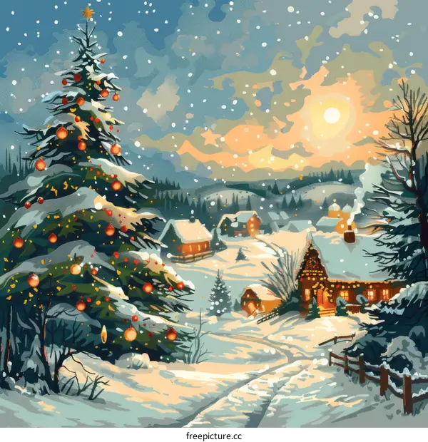 Snowy Christmas Village nestled in a Mountainous Landscape