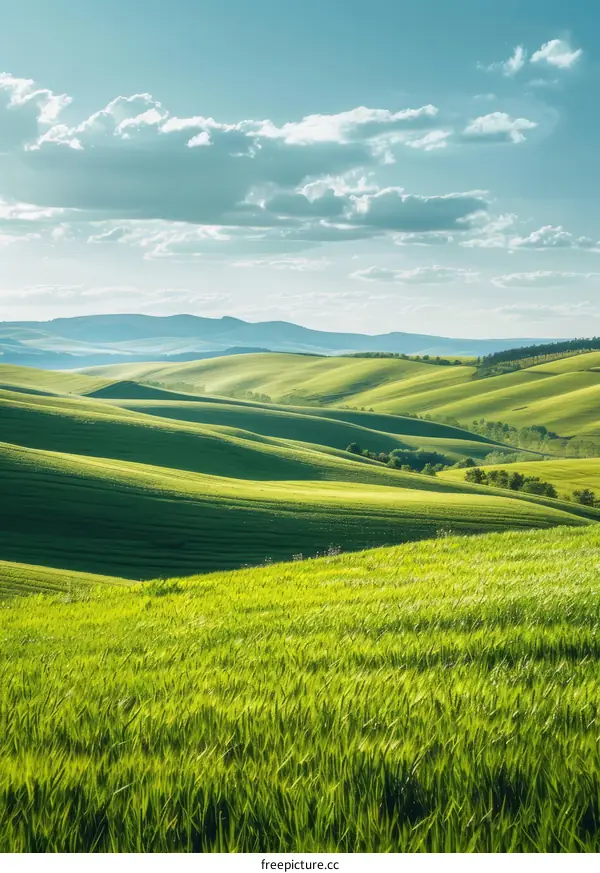 Green rolling hills under blue sky and white clouds