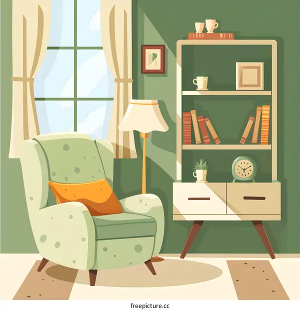 Cozy Living Room With Armchair and Bookshelf