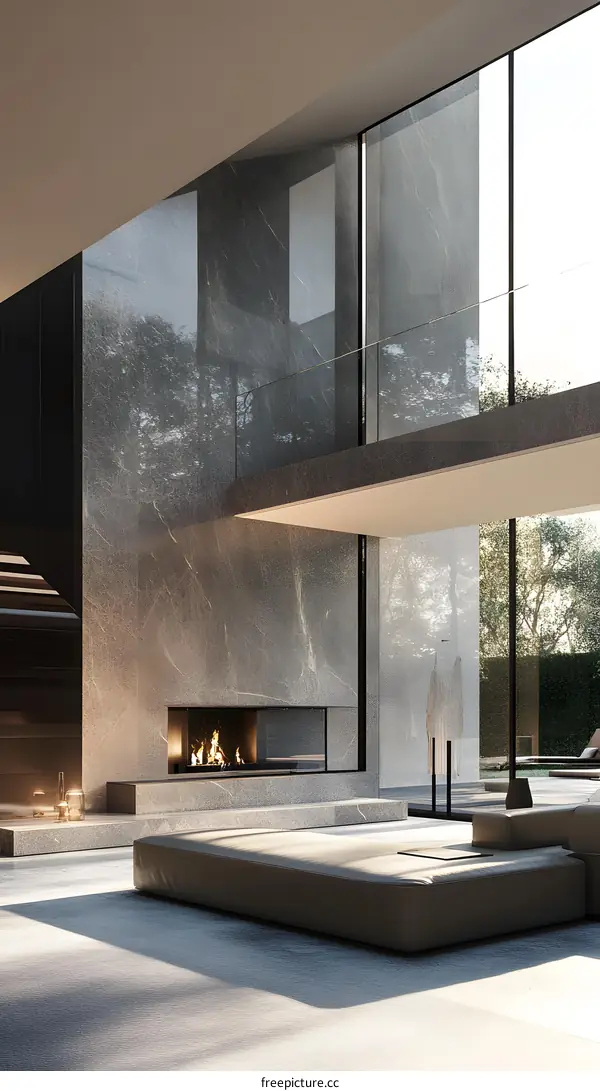 Modern Interior Design with Fireplace and Large Windows
