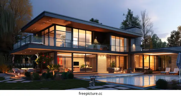 Modern Luxury House at Dusk with Pool