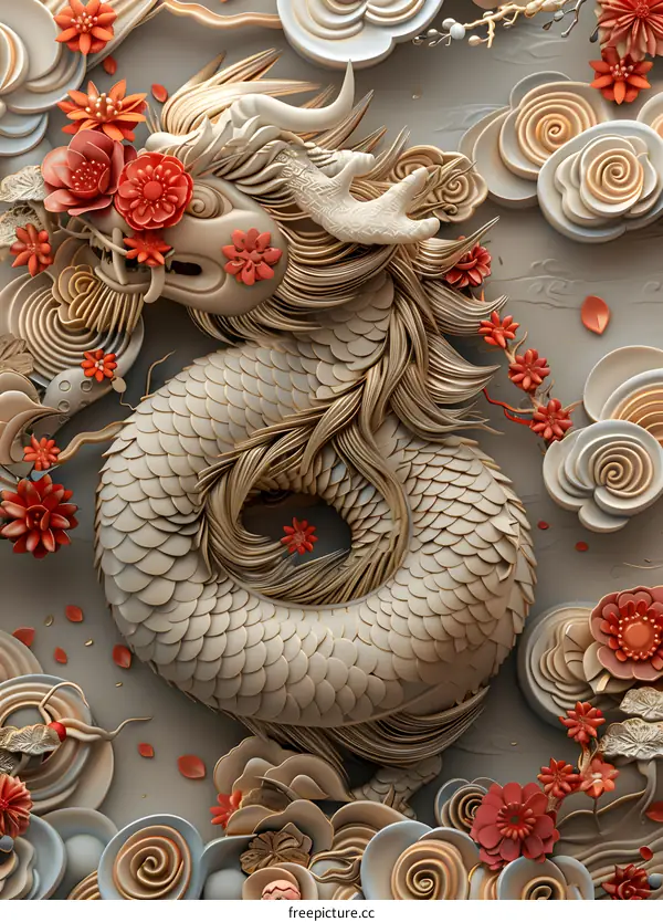 A Chinese dragon on a relief background wall.