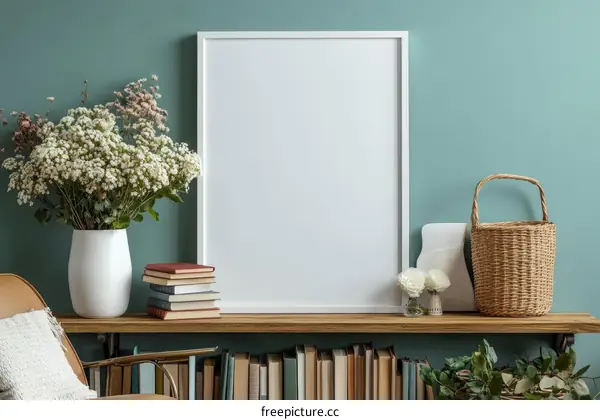 Empty Frame Decorated with Flowers and Bookshelf