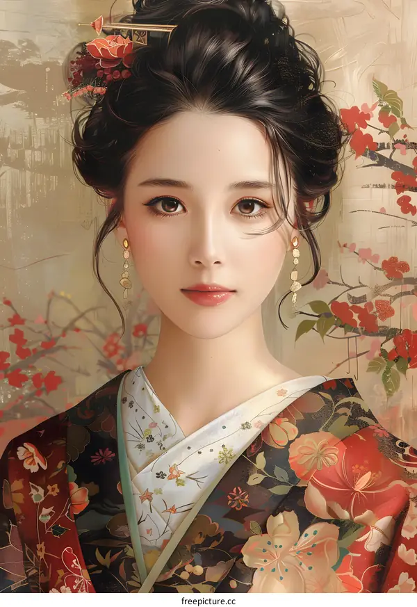 Portrait of a beautiful Asian woman in traditional Japanese kimono