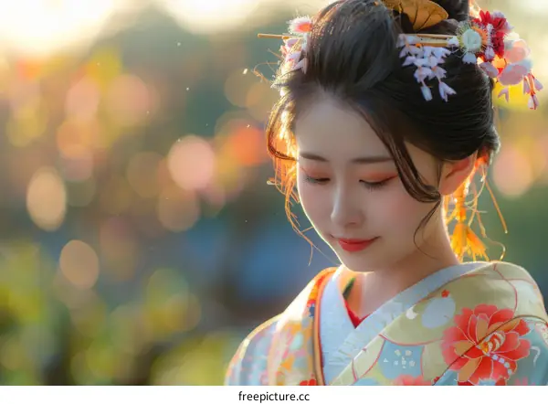 Beautiful Japanese Woman Wearing a Traditional Kimono with Flowers in Her Hair