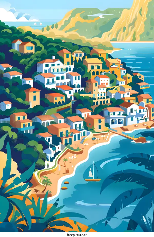 Coastal Village Illustration With Buildings On A Cliff