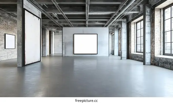 Empty Loft Interior with Concrete Walls and Windows