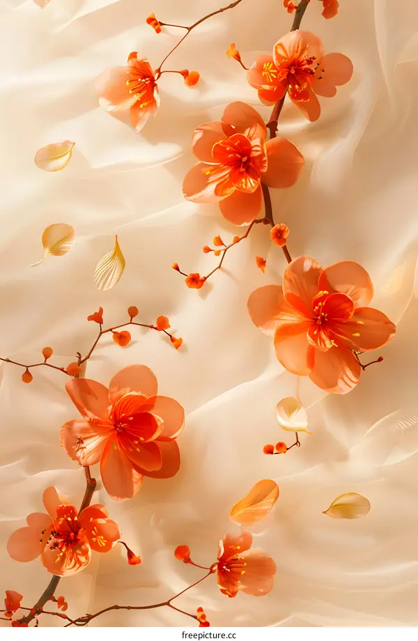 Peach Blossom Flower Branch on Fabric