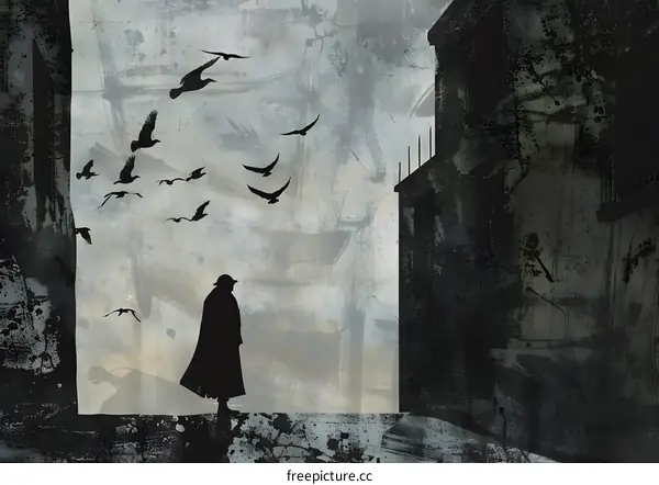 Silhouette of a Man Standing in a Street With Birds Flying Around