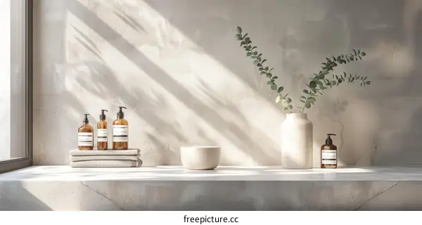 Bathroom counter with amber glass bottles and a vase of eucalyptus