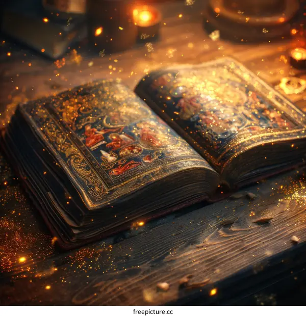 Open book with magic lights