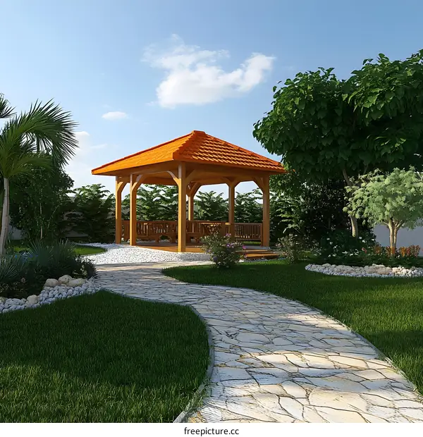 Wooden Gazebo in a Backyard Garden