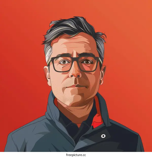 A digital painting of a man with short dark hair and glasses wearing a black jacket.