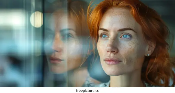 Redhead woman with freckles looks out the window