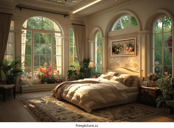 Bedroom with Large Windows and View of a Garden