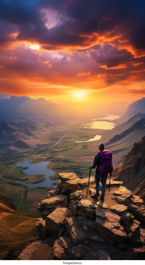 The hiker reaches the summit of a mountain and gazes out at the beautiful landscape below. 