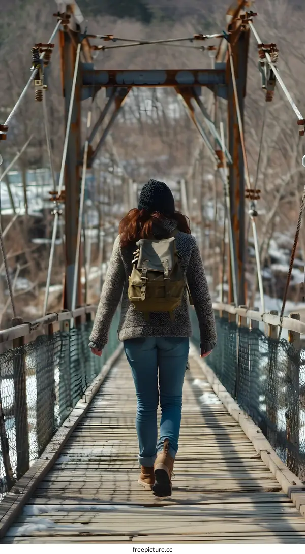 Woman Hiking on a Suspension Bridge in Winter