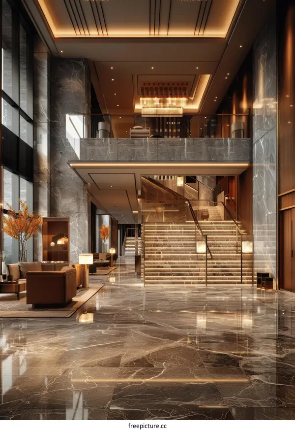 Modern Hotel Lobby with Stairs and Chandelier