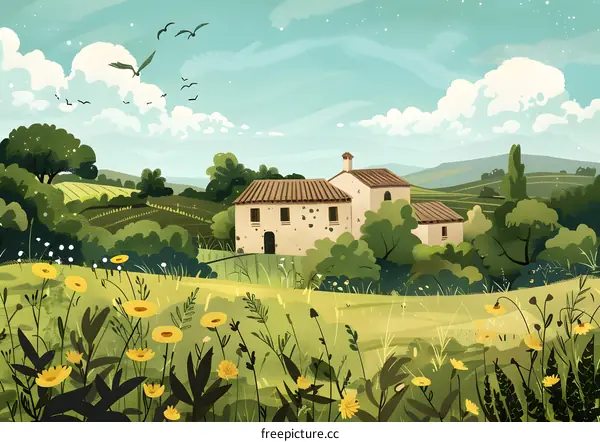 Countryside Landscape Illustration with House and Flowers