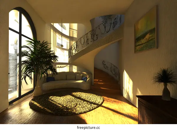 Modern Interior Design with Spiral Staircase and Large Window