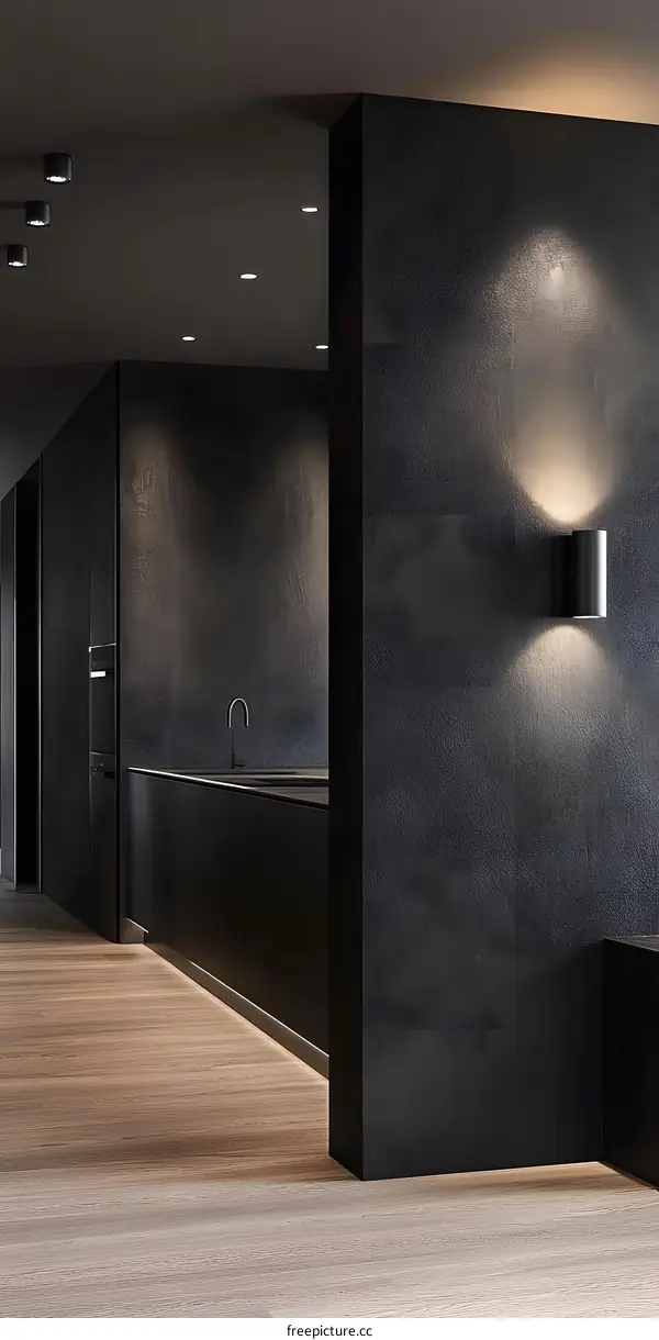 Modern Minimalist Kitchen Interior Design With Black Cabinets and Wooden Floor