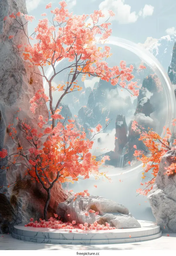 Romantic Mountain Cherry Blossom Scene