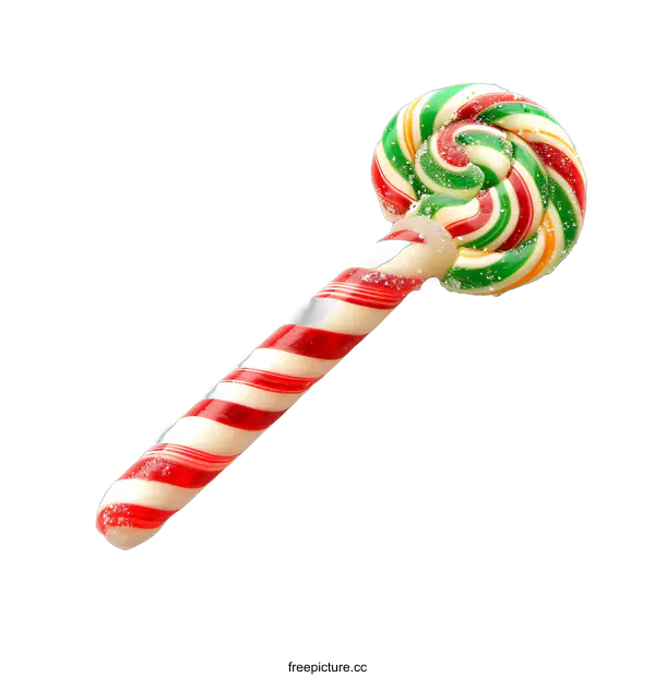 [Transparent Background PNG]Red and Green Striped Candy Cane Lollipop on White Background