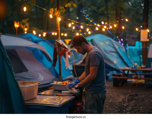 Man in gloves cleaning vegetables at a campsite