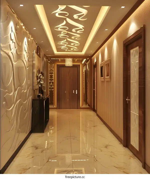 Modern Hallway Interior Design with Ornate Ceiling and Marble Floor